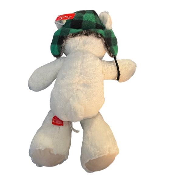 Gitzy White Stuffed Plush Bear Animal Green Buffalo Plaid Winter Hat Ear Flaps - Picture 3 of 8